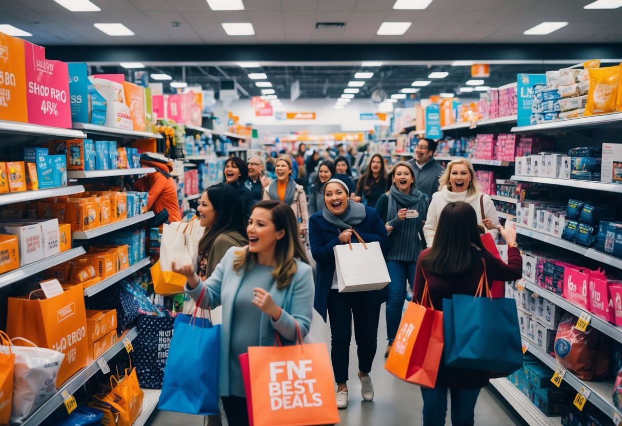 A crowded store with shelves overflowing with discounted items, people carrying shopping bags and excitedly searching for the best deals