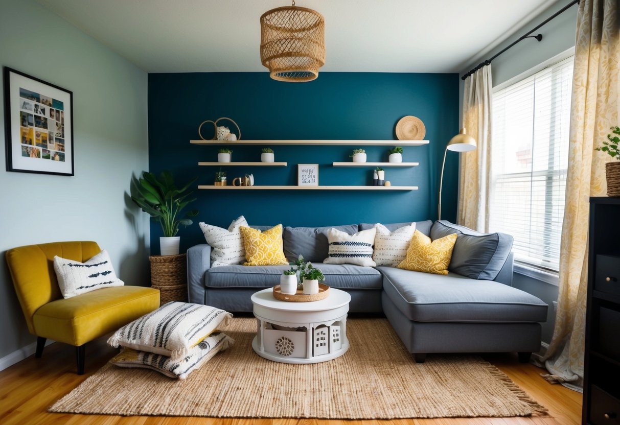 A cozy living room with DIY decor: handmade throw pillows, repurposed shelves, and painted accent wall. Natural light streams in through thrifted curtains