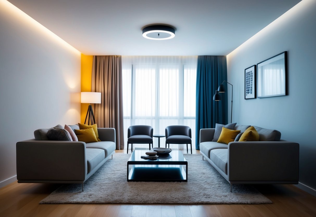 A modern living room with smart lighting adjusting to different colors and intensities, controlled by a central smart home system