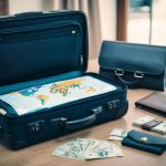 A suitcase packed with travel essentials, a map, and a wallet with various currency notes laid out on a table