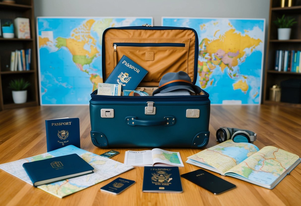 A suitcase filled with travel essentials, surrounded by maps, a passport, and various DIY travel hacks
