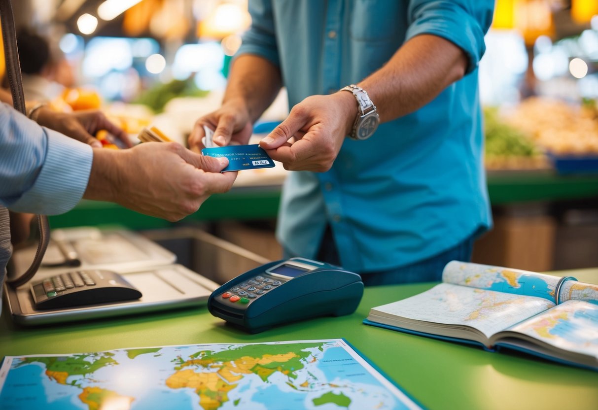 A traveler using a credit card to pay for purchases at a foreign market, with a map and guidebook on a table nearby