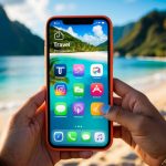 A colorful smartphone displaying various travel apps surrounded by tropical beach and mountain scenery