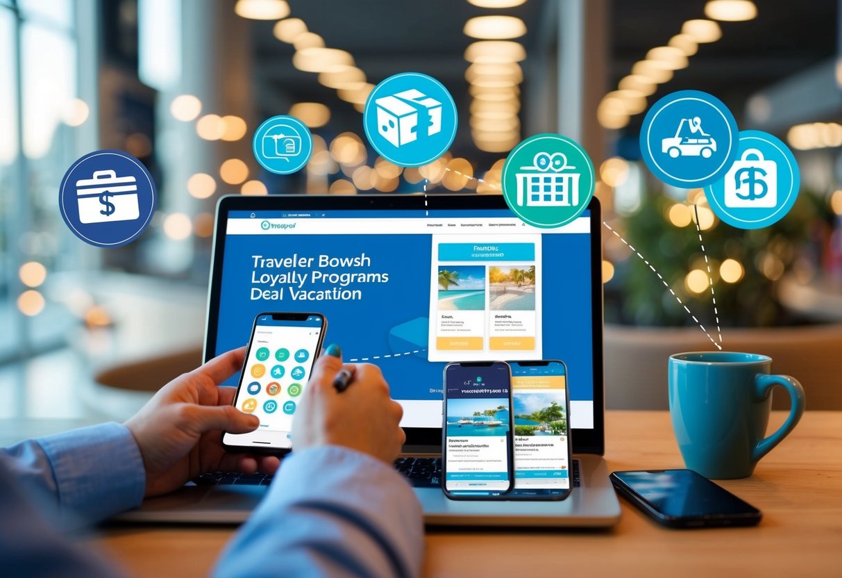 A traveler browsing through various loyalty programs and deal apps while planning a budget-friendly dream vacation