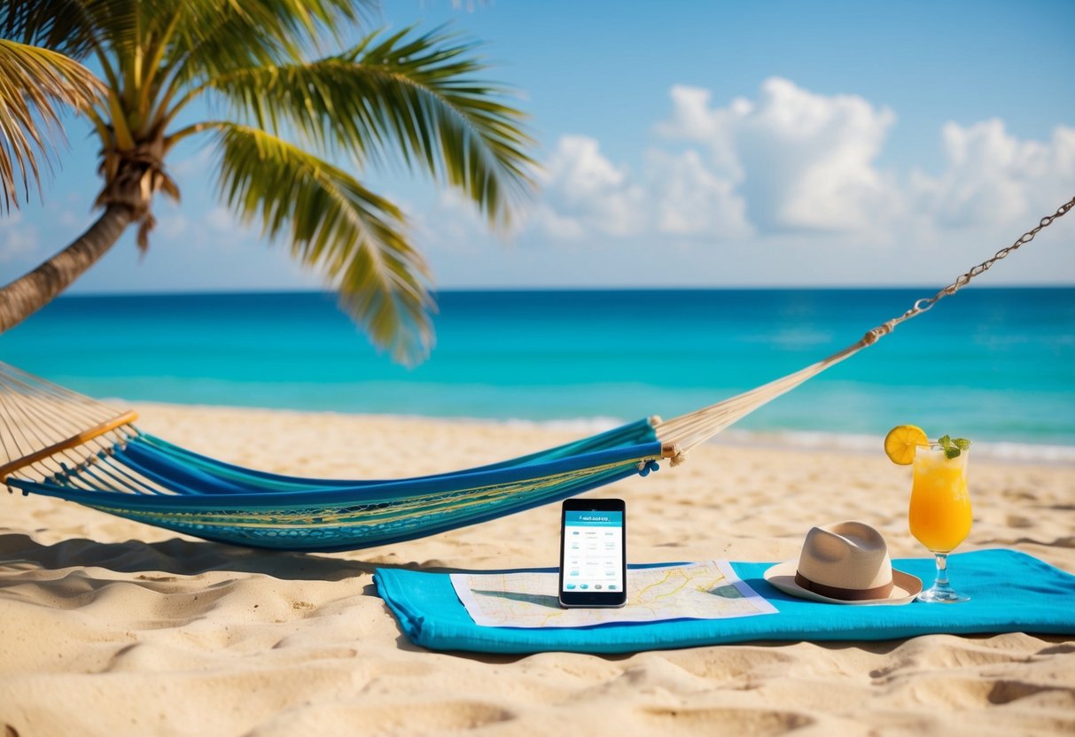 A sunny beach with a palm tree, a hammock, and a cocktail. A map and a smartphone with a budget travel app are lying on a towel