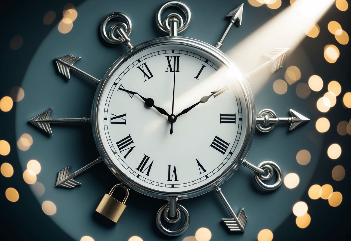 A clock surrounded by swirling arrows and locks, with a beam of light shining on a hidden door