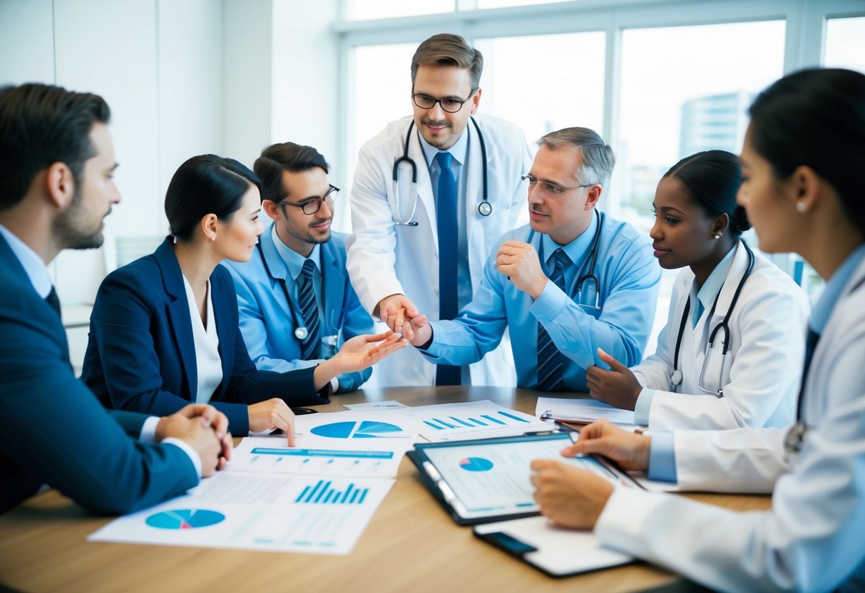 A group of healthcare professionals gather around a table, discussing and negotiating deals. Charts and graphs are spread out, and a sense of collaboration and focus fills the room