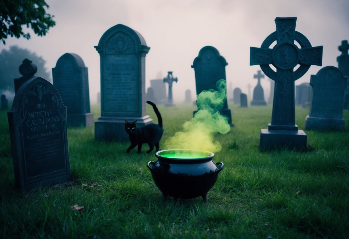 A spooky graveyard with eerie tombstones and fog, a witch's cauldron bubbling with green potion, and a black cat lurking in the shadows