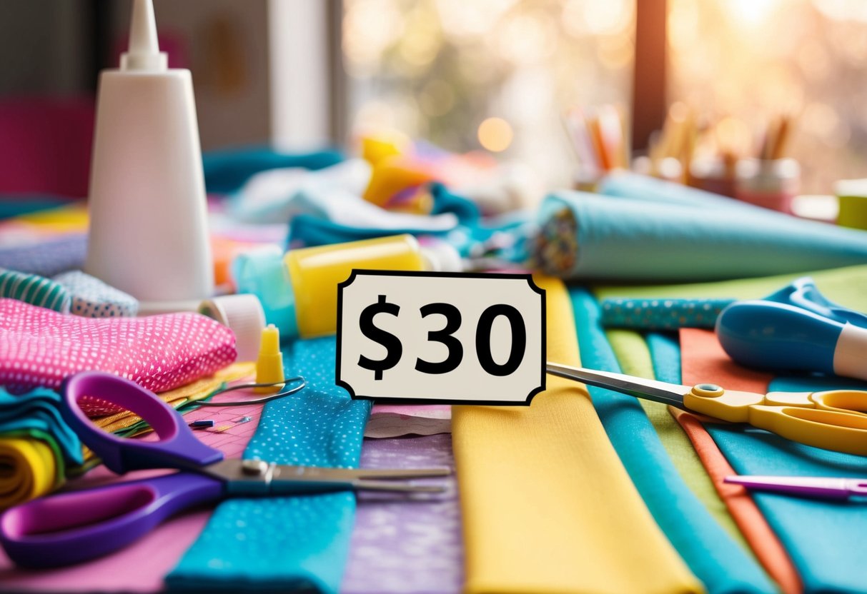 A cluttered table with colorful fabric, glue, scissors, and craft supplies scattered around. A price tag with "$30" in bold