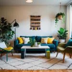 A cozy living room with upcycled furniture, indoor plants, and energy-efficient lighting. A DIY wall hanging made from recycled materials adds a pop of color