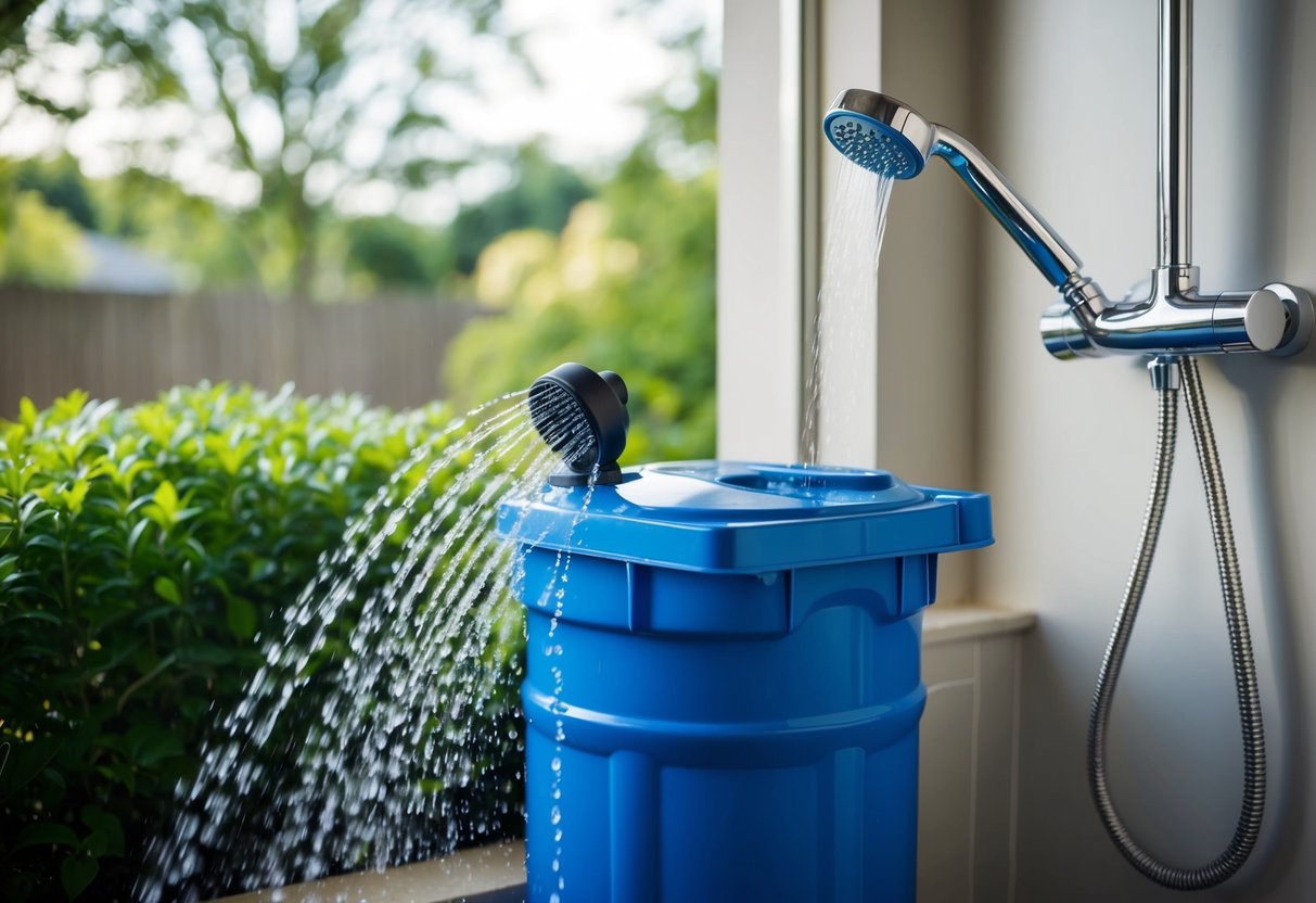 A rain barrel collecting water from a gutter, a homemade greywater recycling system, and a low-flow showerhead in a bathroom
