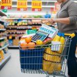A grocery cart overflowing with discounted items, a calculator, and a stack of coupons. A person scans the aisles for sale signs and compares prices