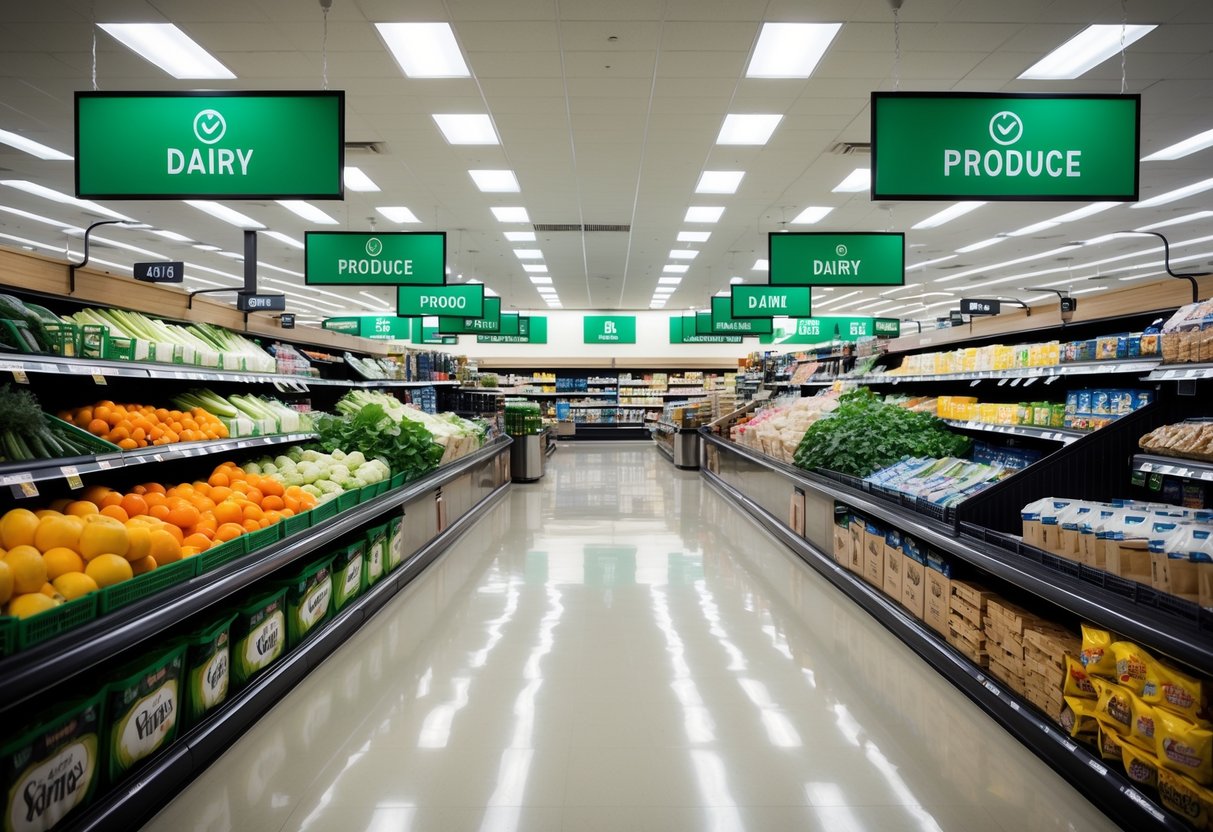 Aisle signs guide shoppers through a well-organized grocery store, with clear sections for produce, dairy, and dry goods. Bright lighting and wide aisles create an easy and efficient shopping experience