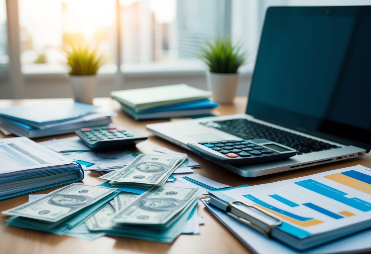 A cluttered desk with scattered bills, a calculator, and a laptop surrounded by budgeting books and charts