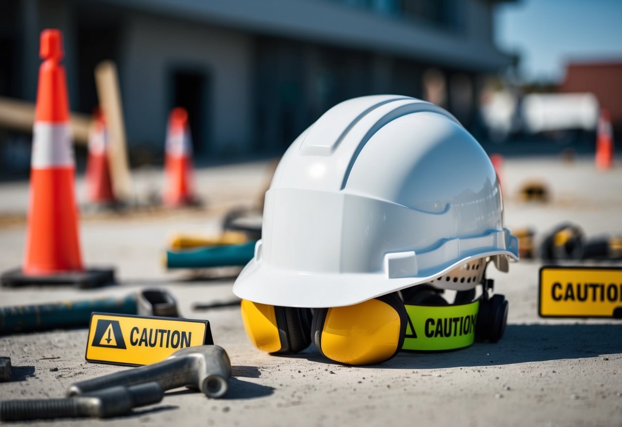 A safety helmet on a construction site with scattered tools and caution signs