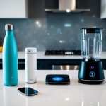 A modern kitchen counter with a sleek smart water bottle, fitness tracker, air purifier, smart scale, and smart blender