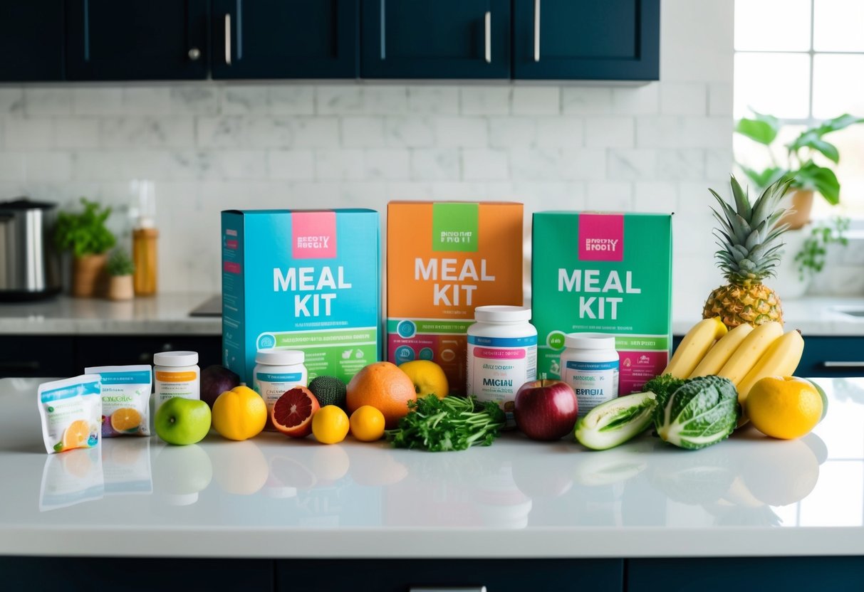 A kitchen counter with colorful meal kit boxes, fresh fruits, vegetables, and nutritional supplements arranged neatly