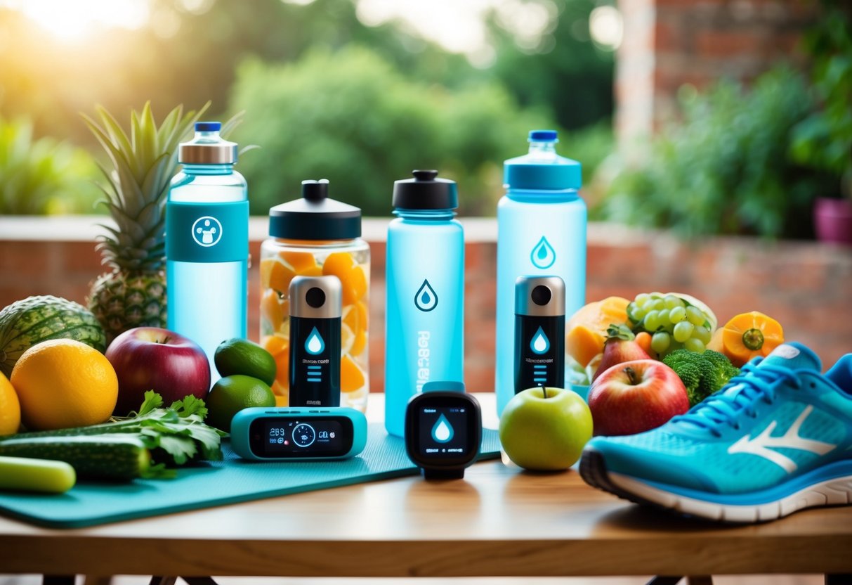 A table with a variety of smart hydration trackers and water bottles, surrounded by fresh fruits and vegetables, a yoga mat, and a running shoe