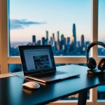 A sleek laptop, wireless mouse, noise-canceling headphones, and a standing desk in a well-lit home office with a panoramic view of the city skyline