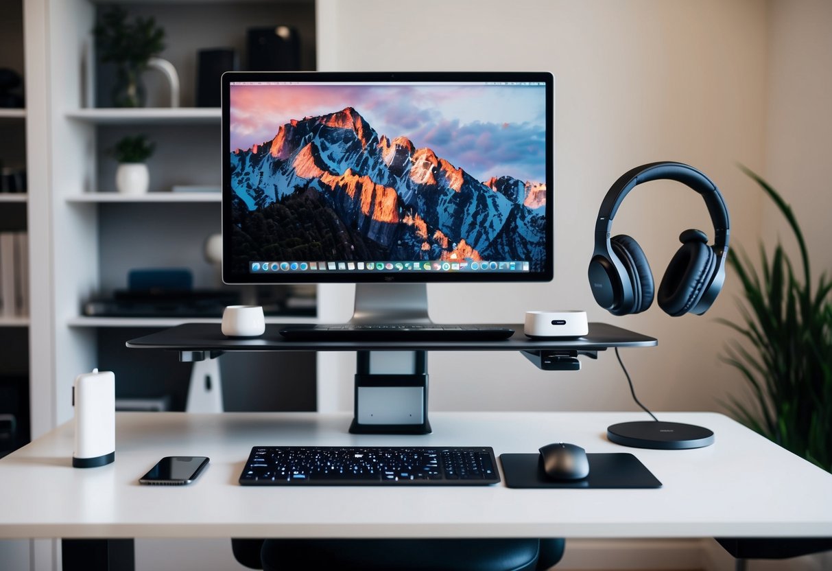 A sleek, organized desk with a laptop, monitor, wireless keyboard, mouse, and phone charger. A standing desk option, ergonomic chair, and noise-cancelling headphones complete the setup