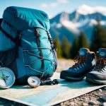 A backpack surrounded by a compass, map, and hiking boots, with a mountain range in the background