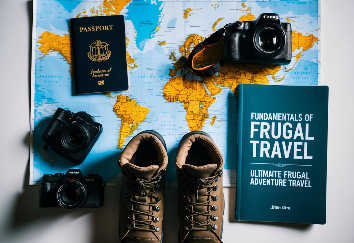 A backpacker's essentials laid out on a map: passport, camera, hiking boots, and a guidebook titled "Fundamentals of Frugal Travel Ultimate Guide to Frugal Adventure Travel."