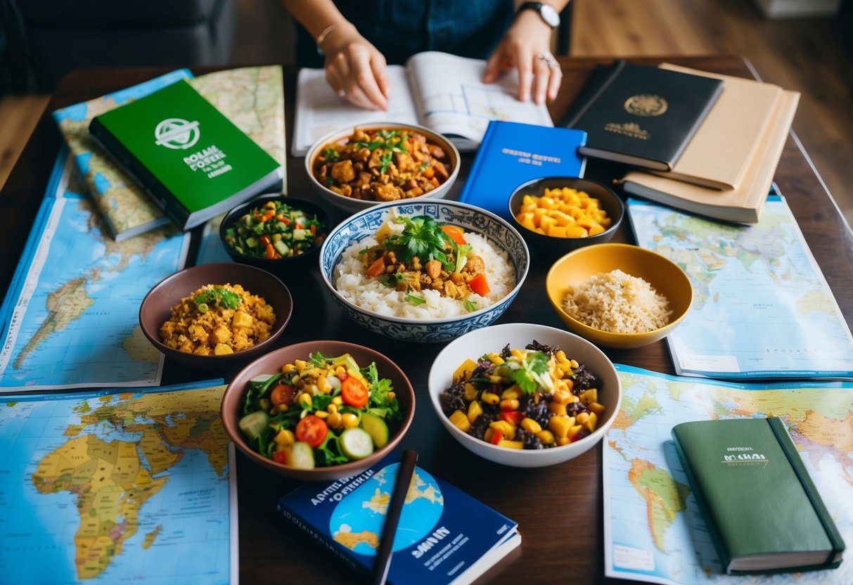 A table set with a variety of international foods, surrounded by maps, guidebooks, and travel essentials