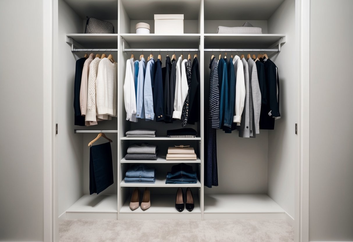 A neatly organized closet with a few essential clothing items neatly folded or hung, surrounded by empty space and minimal decor