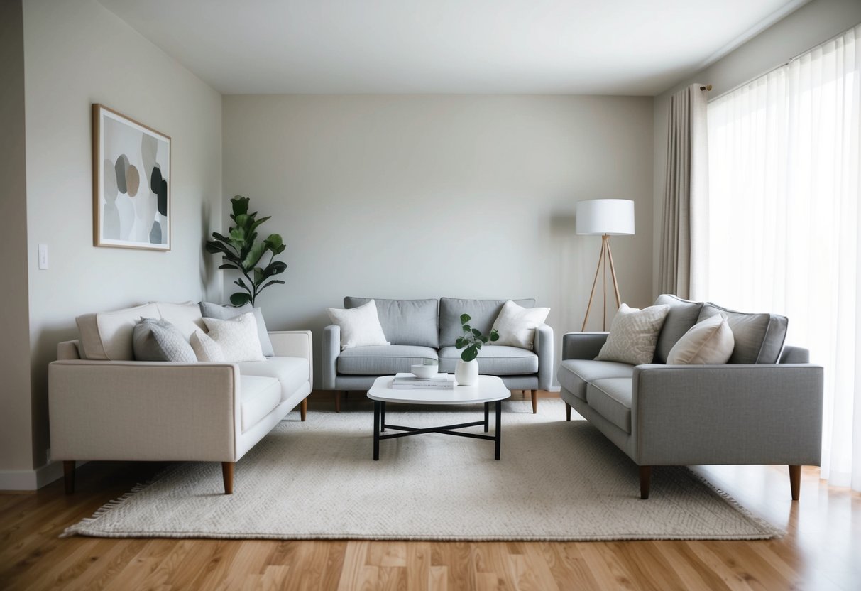 A clutter-free living room with simple furniture, neutral colors, and minimal decor. Clean lines and uncluttered surfaces create a sense of calm and simplicity